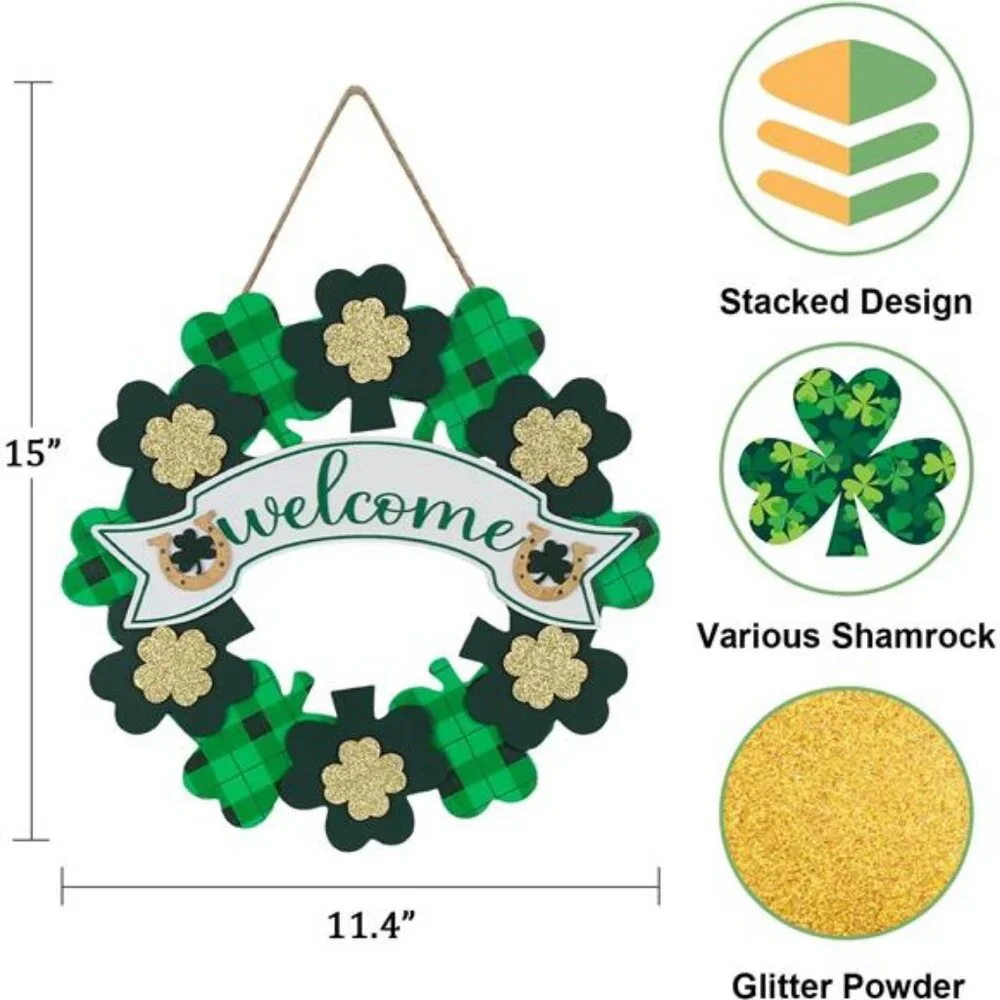 St Patricks Day Decorations, Wood Shamrock Hanging Welcome Wall Sign,